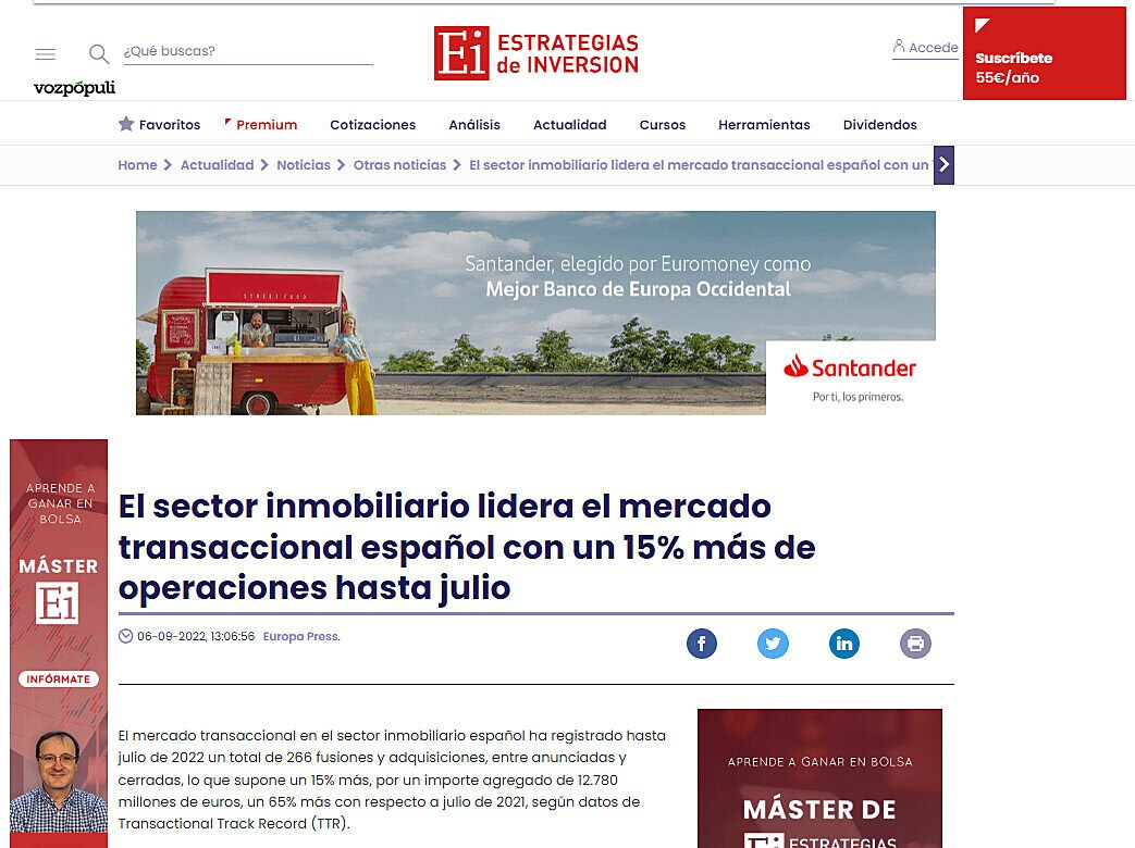 El sector inmobiliario lidera el mercado transaccional espaol con un 15% ms de operaciones hasta julio